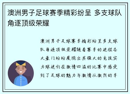 澳洲男子足球赛季精彩纷呈 多支球队角逐顶级荣耀