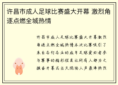 许昌市成人足球比赛盛大开幕 激烈角逐点燃全城热情