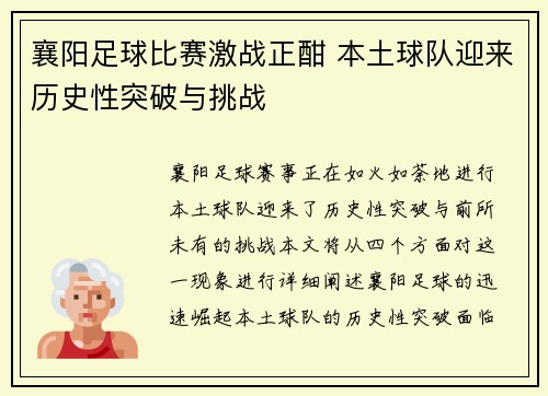 襄阳足球比赛激战正酣 本土球队迎来历史性突破与挑战