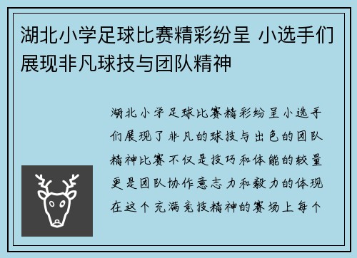 湖北小学足球比赛精彩纷呈 小选手们展现非凡球技与团队精神