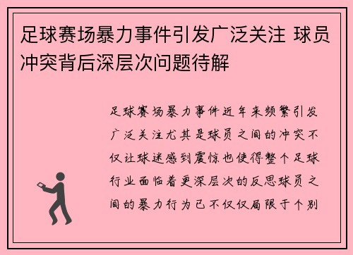 足球赛场暴力事件引发广泛关注 球员冲突背后深层次问题待解