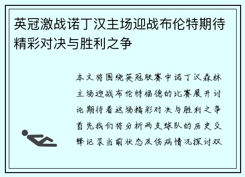 英冠激战诺丁汉主场迎战布伦特期待精彩对决与胜利之争