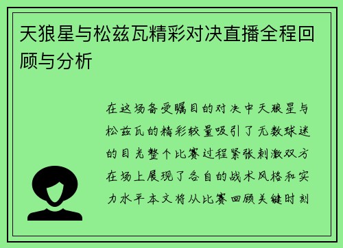 天狼星与松兹瓦精彩对决直播全程回顾与分析