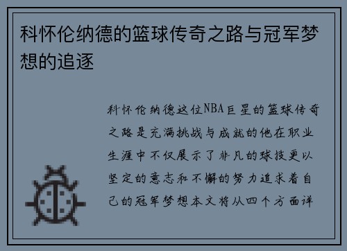 科怀伦纳德的篮球传奇之路与冠军梦想的追逐