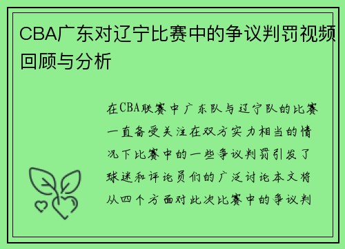 CBA广东对辽宁比赛中的争议判罚视频回顾与分析