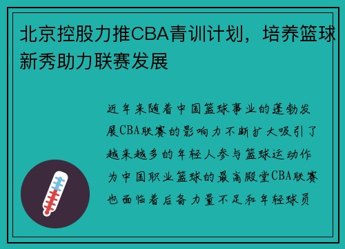 北京控股力推CBA青训计划，培养篮球新秀助力联赛发展