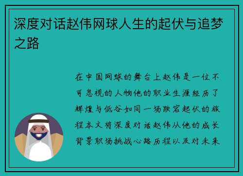 深度对话赵伟网球人生的起伏与追梦之路